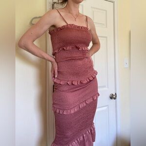 PinkBlush Maternity Mauve Satin Smocked Fitted Maternity Midi Dress